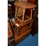 A MODERN OAK TWO DOOR TV STAND, nest of two tables, a round occasional table and a walnut occasional