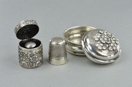 A SILVER THIMBLE BOX, thimble and another silver box