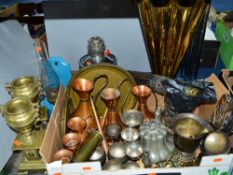 A QUANTITY OF METALWARES, SUNDRIES ETC, to include pair brass garniture vases, heights approximately
