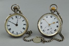 TWO SILVER POCKETWATCHES AND CHAIN