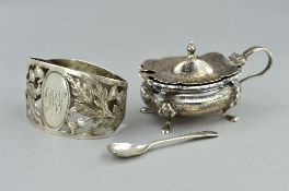 A SILVER MUSTARD/CONDIMENT, and a silver napkin ring