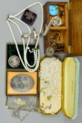 A WOODEN BOX CONTAINING SILVER JEWELLERY, yellow metal, pen knife, etc, together with a