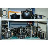 A QUANTITY OF STAINLESS STEEL PANS, a boxed cake tray, boxed vacuum flask, Chasseur casserole pot