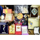 A BOX OF MISCELLANEOUS COSTUME JEWELLERY, etc