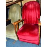 A NEAR PAIR OF MID CENTURY ARMCHAIRS, one in green and one in red