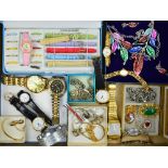 A BOX OF MIXED JEWELLERY AND WATCHES, etc