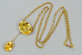 AN EARLY TO MID 20TH CENTURY CITRINE NECKLET, centering on an oval mixed cut citrine which