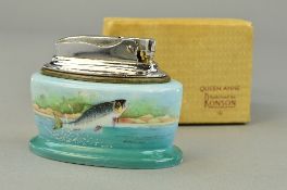 A BOXED MINTON PORCELAIN CASED RONSON TABLE LIGHTER, painted with leaping salmon signed A.Holland