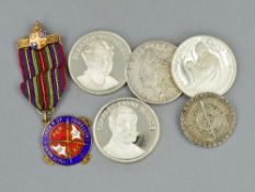 A MIXED LOT OF FOUR SILVER COINS, approximate weight 126 grams and two medals