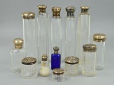 THIRTEEN MIXED SCENT BOTTLES, and condiment silver topped
