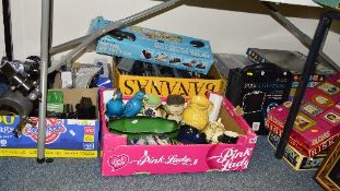 FIVE BOXES AND LOOSE SUNDRY ITEMS, CERAMICS ETC, to include games, cameras, telescope, metal