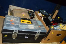 TWO TRAYS AND A TOOLBOX, with automotive gauges and tools