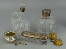 A MIXED LOT, to include silver topped perfume bottles, miscellaneous, etc