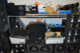 A LARGE QUANTITY OF VINTAGE D J EQUIPMENT, including lights, smoke machine, speakers, mixer stands