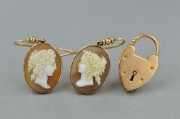 AN EARLY 20TH CENTURY PADLOCK, stamped '15ct', together with a shell pair of drop cameo earrings