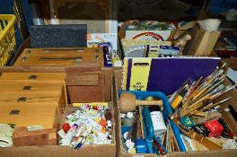 FOUR BOXES OF ARTIST MATERIALS, to include brushes, canvas, paper, pallets, paints, etc