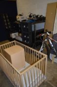 TWO MODERN WARDROBES (boxed), a modern beech framed cot and a modern bedside (4)