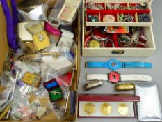 A BOX OF MISCELLANEOUS, including silver fobs, coins, badges, etc