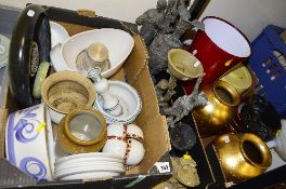 TWO BOXES AND LOOSE SUNDRY ITEMS, to include vases, distressed metal figures etc