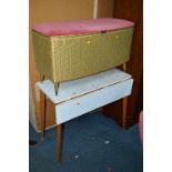 A MID CENTURY DROPLEAF KITCHEN TABLE WITH FORMICA TOP, and a wicker ottoman