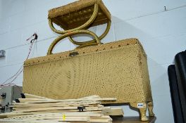 A VINTAGE WICKER OTTOMAN, an X framed stool and a walnut cased sewing machine (3)