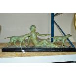 AN ART DECO PATINATED BRONZED SPELTER FIGURE GROUP OF DIANA THE HUNTRESS WITH TWO POINTER DOGS,