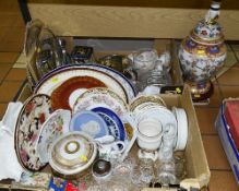 TWO BOXES AND LOOSE CERAMICS, GLASS, PLATED WARES, TABLE LAMP, ETC, to include plated entree dish,