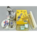 A BOX OF MISCELLANEOUS, to include three Ellesse wristwatches, Dolce & Gabbaha wristwatch, Breitling