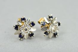 A LATE 20TH CENTURY 9CT WHITE GOLD SAPPHIRE AND DIAMOND ROUND CLUSTER STUD EARRINGS, the single