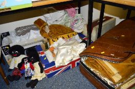 FOUR BOXES/SUITCASE OF SUNDRY ITEMS, to include linen, curtains, sewing machine, sewing box, soft
