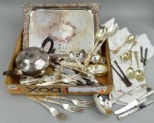 A BOX OF MISCELLANEOUS FLATWARE, including tray, teapot, etc