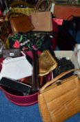 THREE SMALL TUBS/BOXES OF HANDBAGS, LACE ITEMS, decorative table cloth etc, to include Lucille de