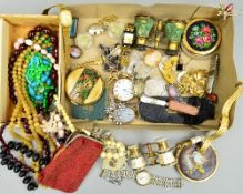 A BOX OF MISCELLANEOUS, including costume jewellery, opera glasses, compacts, coins, etc