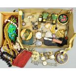A BOX OF MISCELLANEOUS, including costume jewellery, opera glasses, compacts, coins, etc