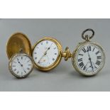 THREE DAMAGED POCKET WATCHES, including silver fob watch, plated pocket watch and a gold plated full
