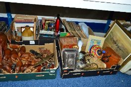 FIVE BOXES AND LOOSE SUNDRIES, to include African tribal carvings, a Mappin and Webb silver plated