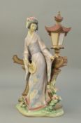 A LLADRO FIGURINE, 'Mariko' No 1421, Japanese Geisha standing by lamp, (some flowers chipped)