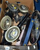 A BOX OF SUNDRIES, to include a pair of carriage lamps, cutlery, plated holloware, a pair of Tailors