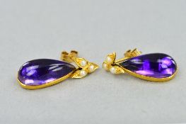 A PAIR OF 19TH CENTURY AMETHYST AND SEED PEARL DROP EARRINGS, comprising of a pair of long