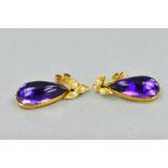 A PAIR OF 19TH CENTURY AMETHYST AND SEED PEARL DROP EARRINGS, comprising of a pair of long