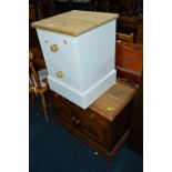 A SMALL PINE CUPBOARD, with two drawers and a painted bedside chest of drawers (2)