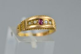 A LATE VICTORIAN 15CT GOLD RUBY AND SPLIT PEARL DRESS RING, ring size N, partial hallmark for 15ct