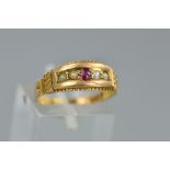 A LATE VICTORIAN 15CT GOLD RUBY AND SPLIT PEARL DRESS RING, ring size N, partial hallmark for 15ct