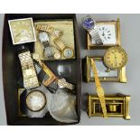 A BOX OF VARIOUS CARRIAGE CLOCK PARTS, and spares for wristwatches