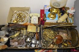 FOUR BOXES AND LOOSE METALWARES AND SUNDRY ITEMS, to include oil lamp, chandelier, telephone etc