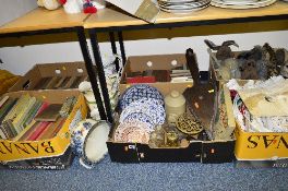 SIX BOXES AND LOOSE SUNDRY ITEMS, CERAMICS ETC, to include books, linen, soft toys, bellows, brass