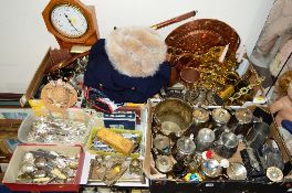 THREE BOXES AND LOOSE METALWARE, CUTLERY, SUNDRIES, FAUX FUR HAT, JACKET ETC, to include plated