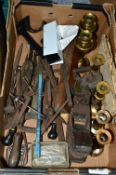 A BOX OF VARIOUS TOOLS, BRASS CANDLESTICKS, DUMMY SECURITY CAMERA ETC