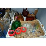 TWO BOXES AND LOOSE KITCHEN WARES, GLASS ETC