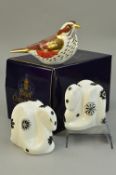 A BOXED ROYAL CROWN DERBY COLLECTORS GUILD 'REDWING' PAPERWEIGHT, gold stopper together with two